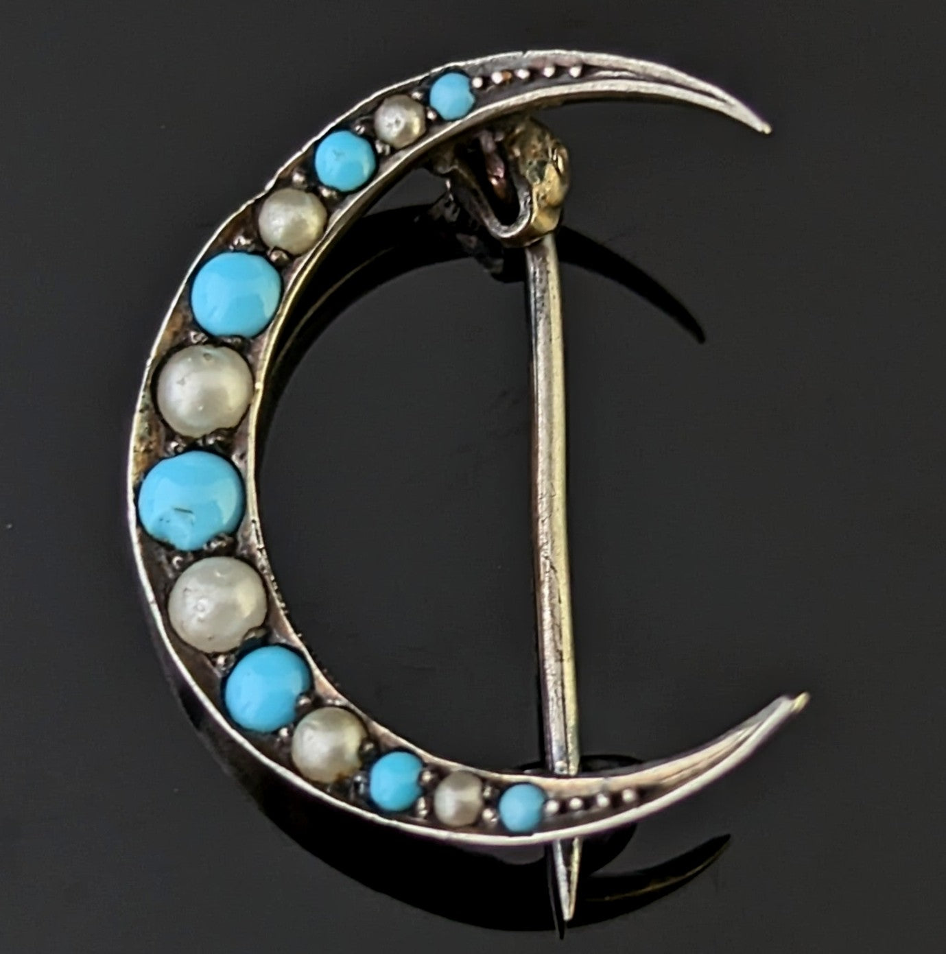 Antique Crescent moon brooch, Turquoise and Pearl, Sterling silver