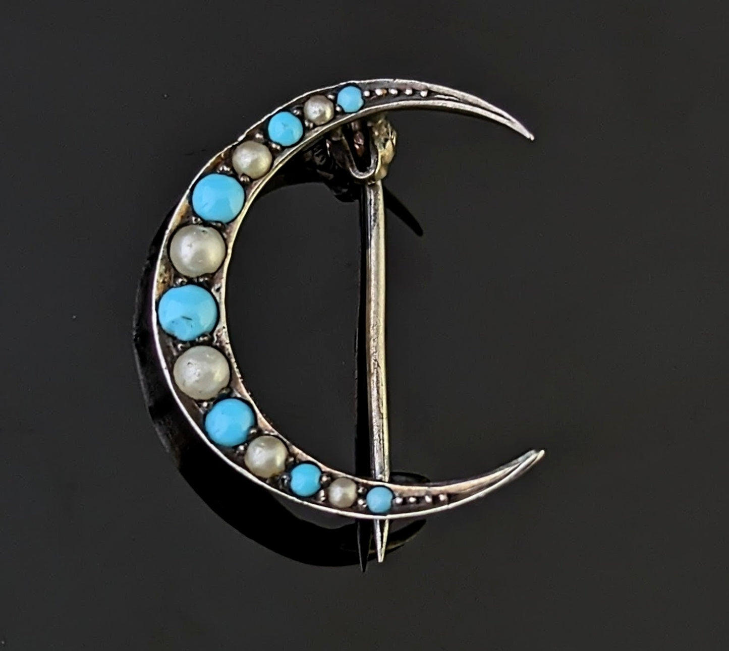 Antique Crescent moon brooch, Turquoise and Pearl, Sterling silver