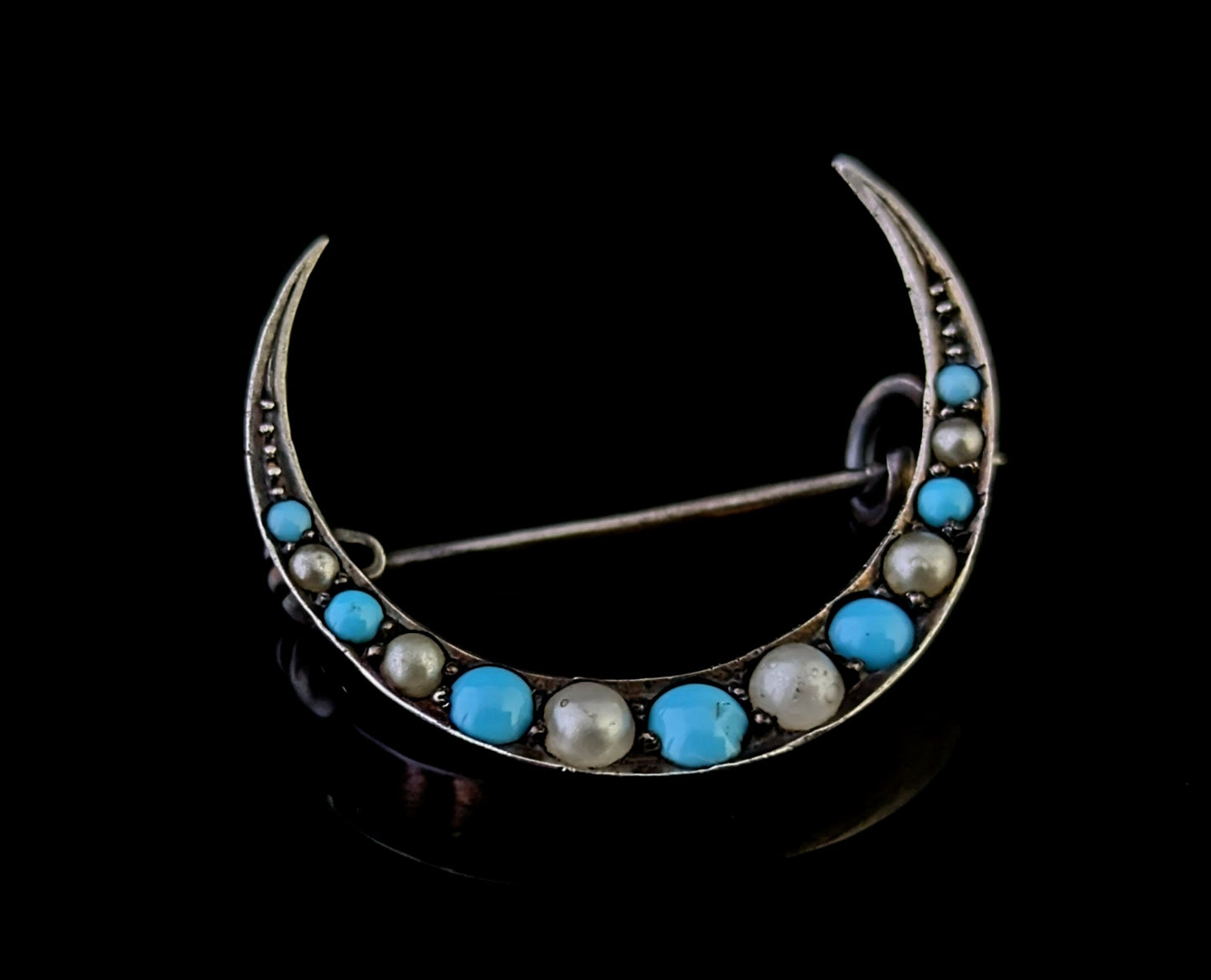 Antique Crescent moon brooch, Turquoise and Pearl, Sterling silver