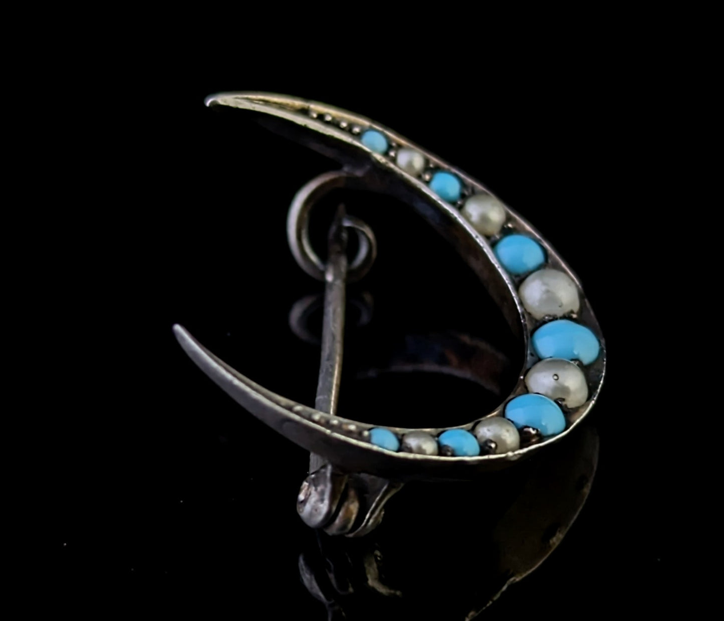 Antique Crescent moon brooch, Turquoise and Pearl, Sterling silver