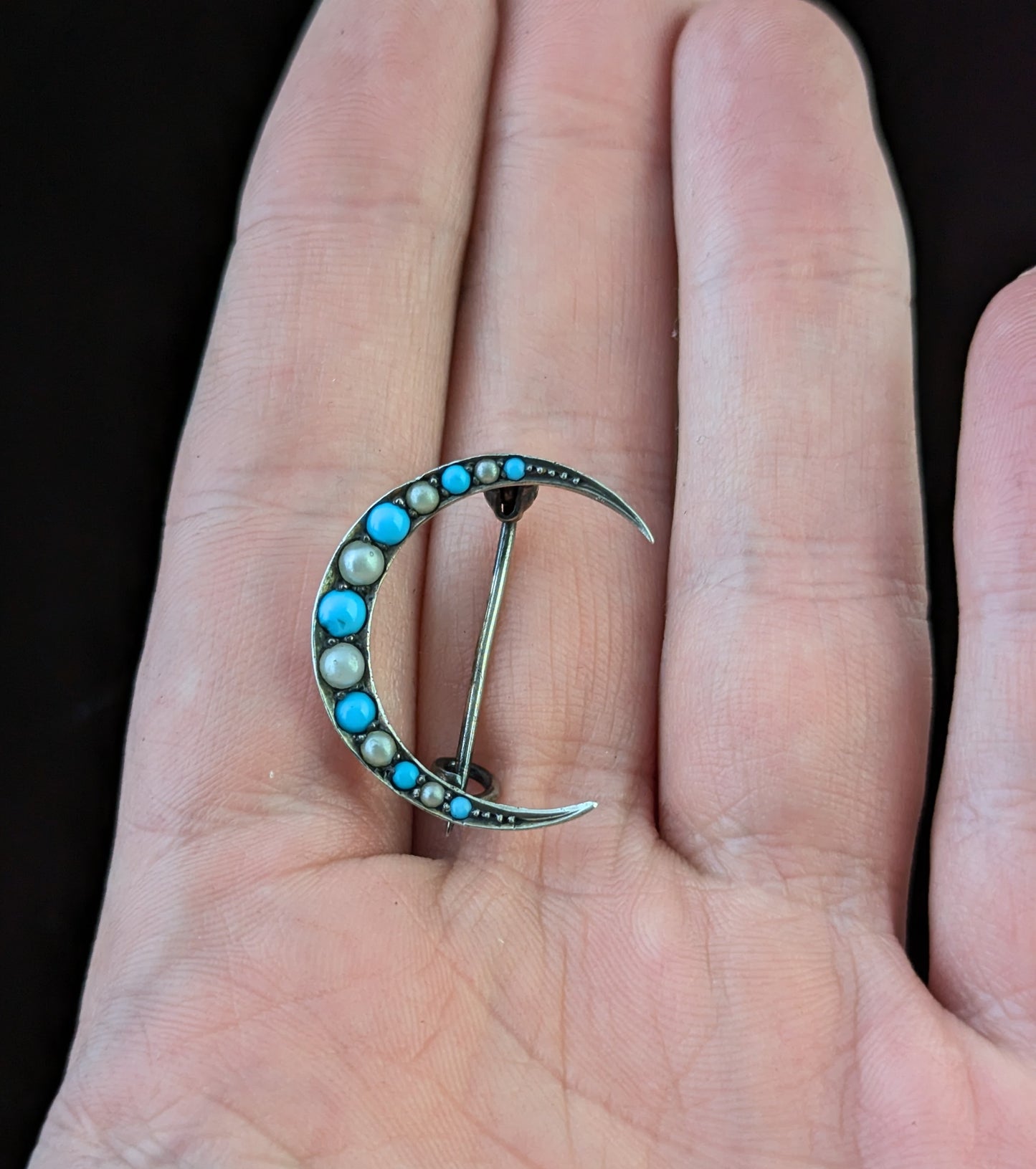 Antique Crescent moon brooch, Turquoise and Pearl, Sterling silver