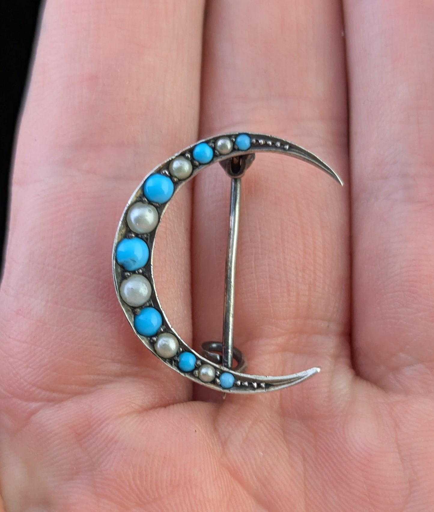 Antique Crescent moon brooch, Turquoise and Pearl, Sterling silver
