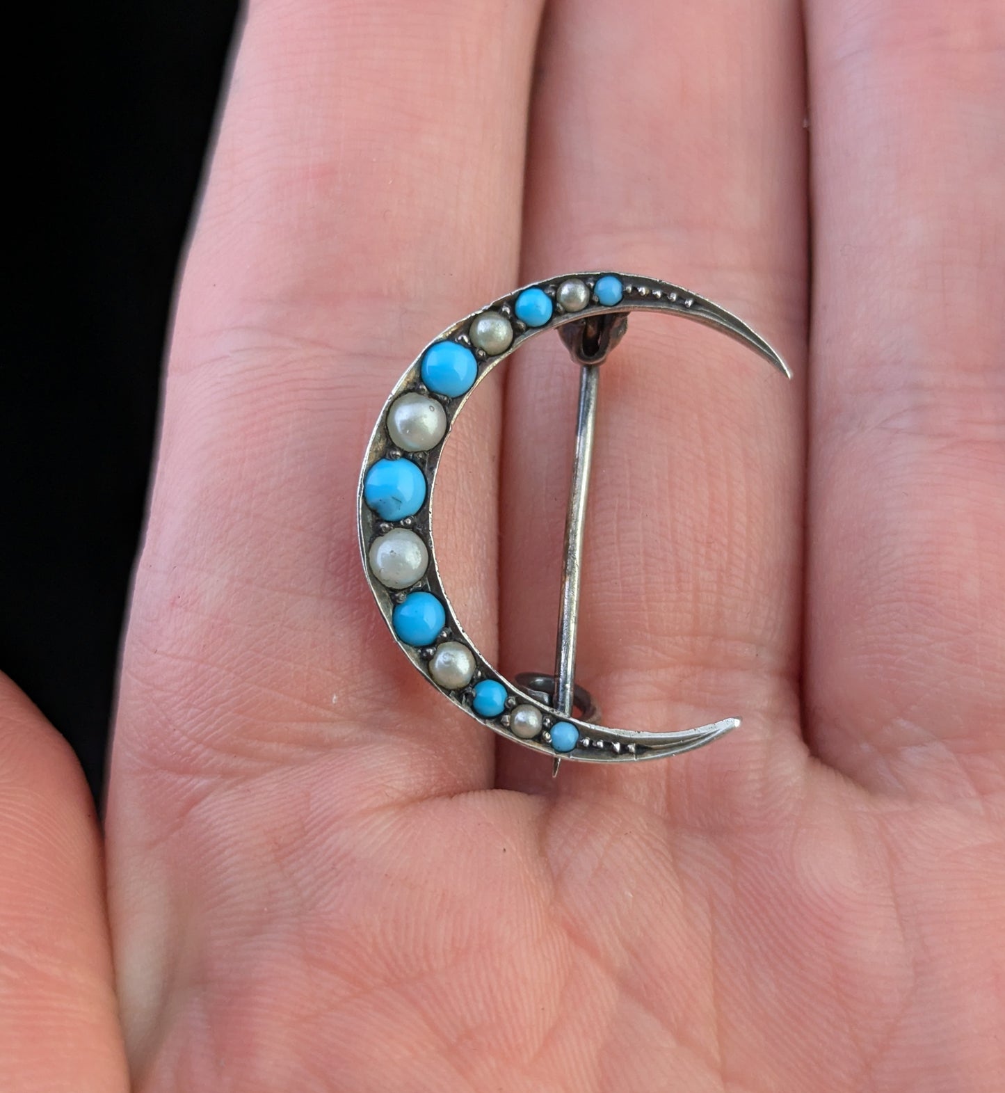Antique Crescent moon brooch, Turquoise and Pearl, Sterling silver