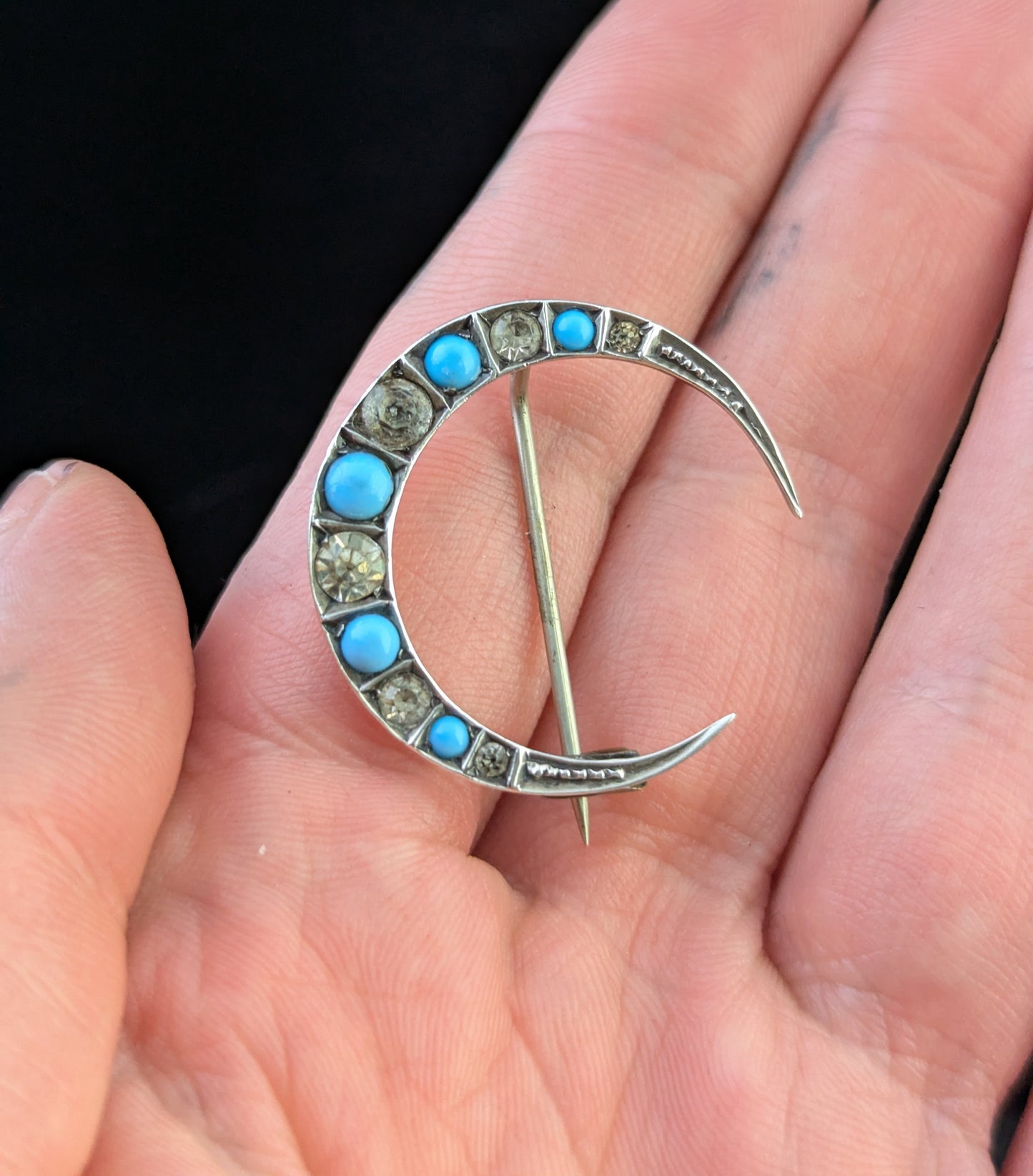 Antique Crescent moon brooch, Turquoise paste, Sterling silver
