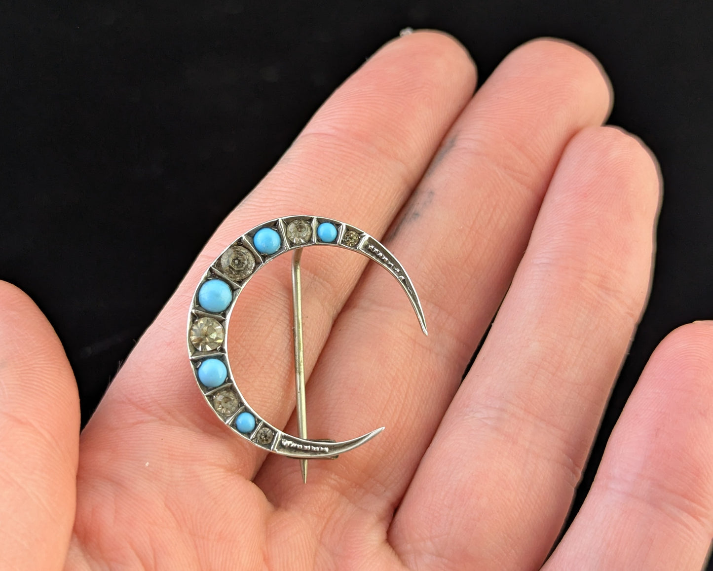 Antique Crescent moon brooch, Turquoise paste, Sterling silver