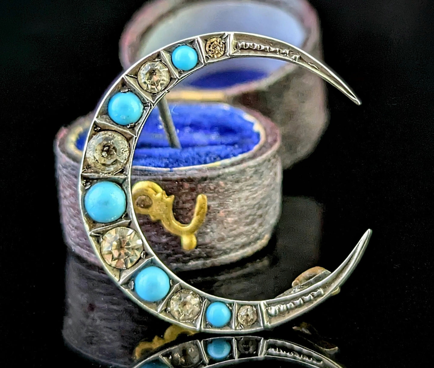 Antique Crescent moon brooch, Turquoise paste, Sterling silver