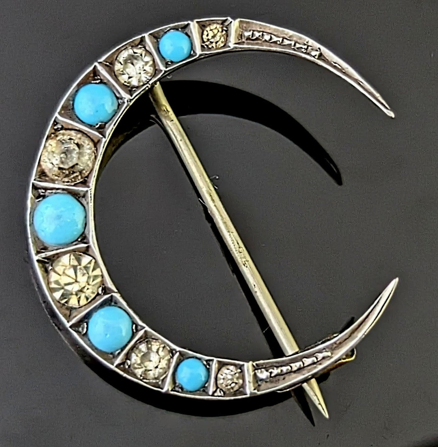 Antique Crescent moon brooch, Turquoise paste, Sterling silver