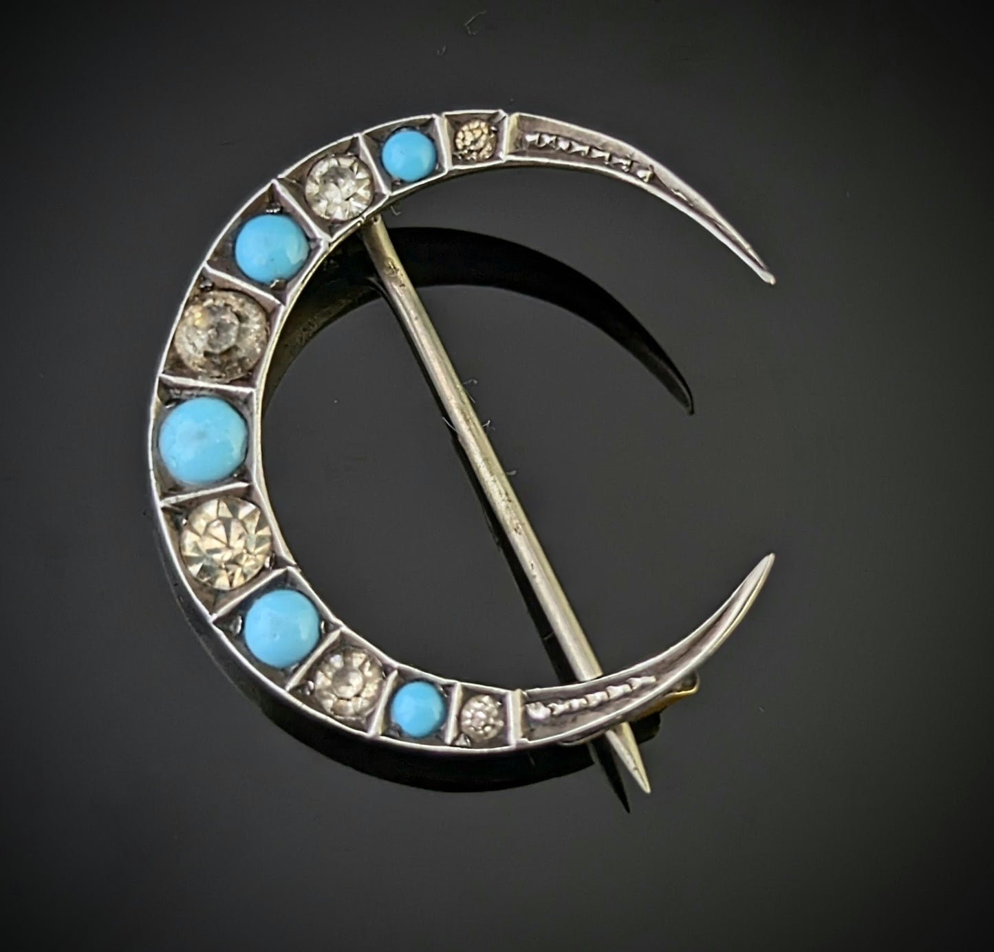 Antique Crescent moon brooch, Turquoise paste, Sterling silver
