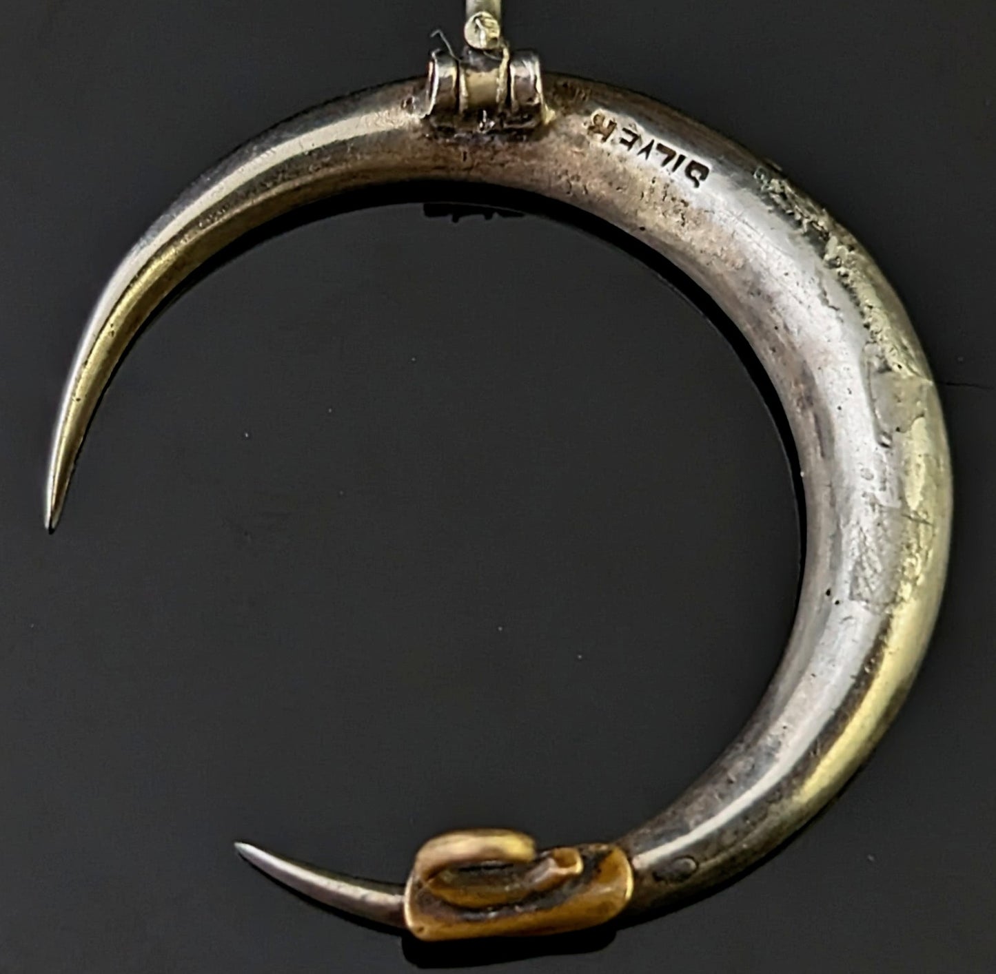 Antique Crescent moon brooch, Turquoise paste, Sterling silver