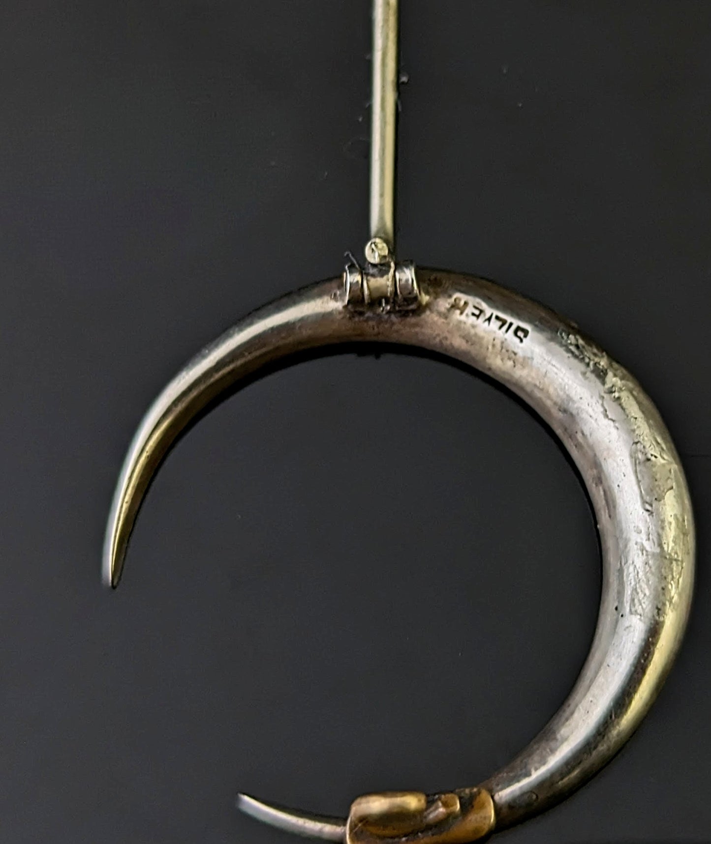 Antique Crescent moon brooch, Turquoise paste, Sterling silver