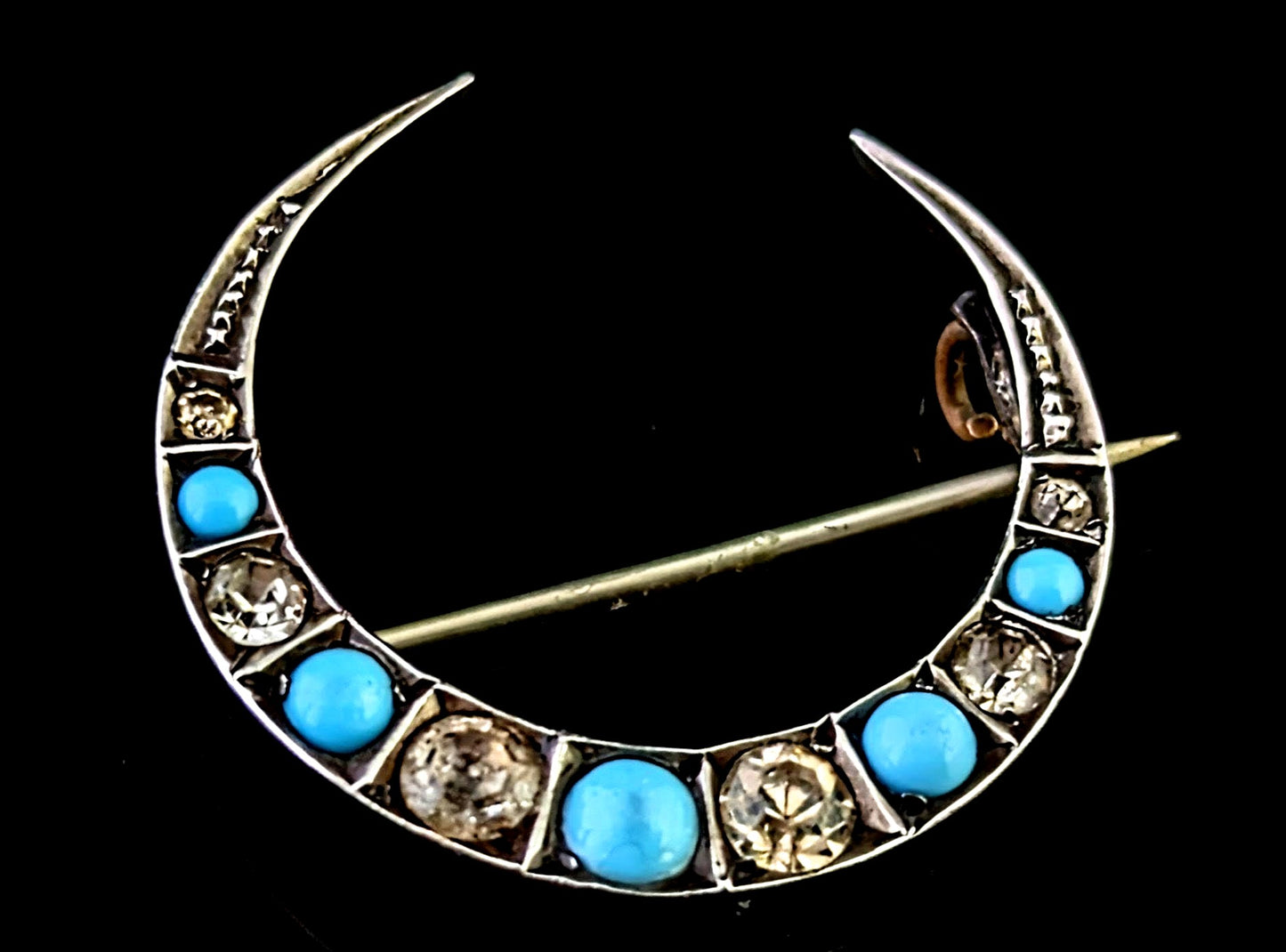 Antique Crescent moon brooch, Turquoise paste, Sterling silver