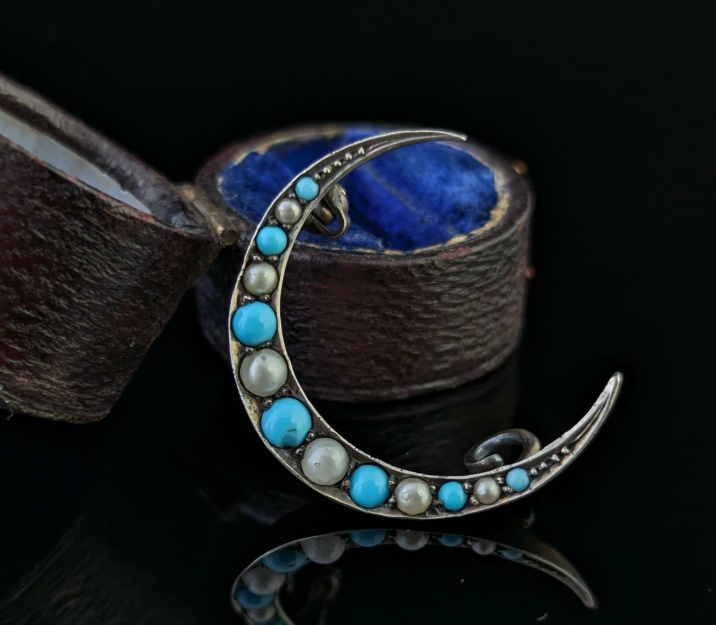 Antique Crescent moon brooch, Turquoise and Pearl, Sterling silver