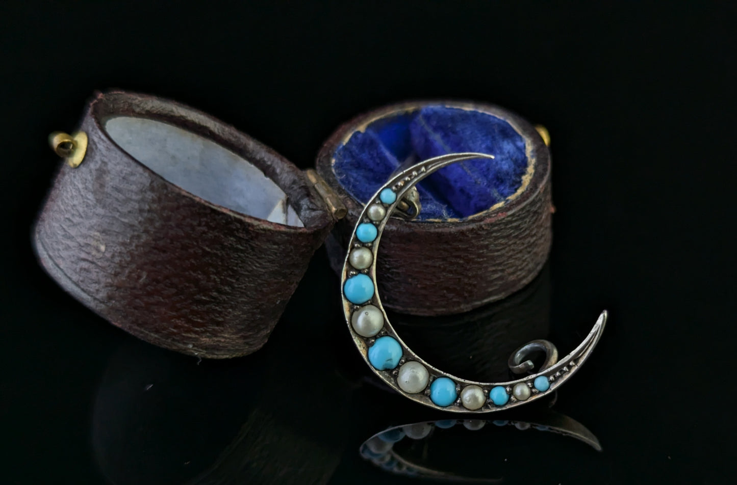 Antique Crescent moon brooch, Turquoise and Pearl, Sterling silver