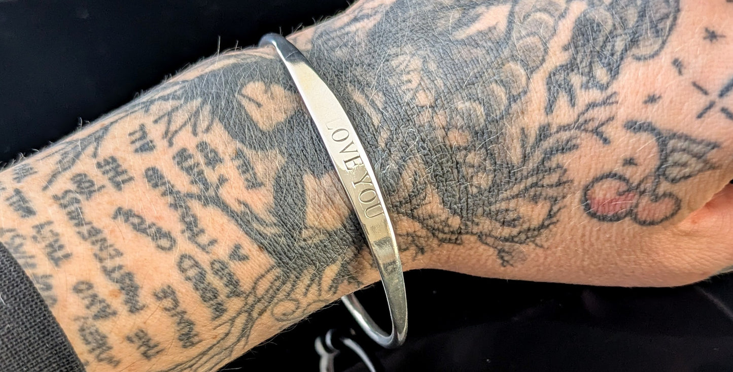 Vintage sterling silver torque bangle, I Love You