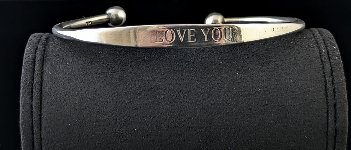 Vintage sterling silver torque bangle, I Love You