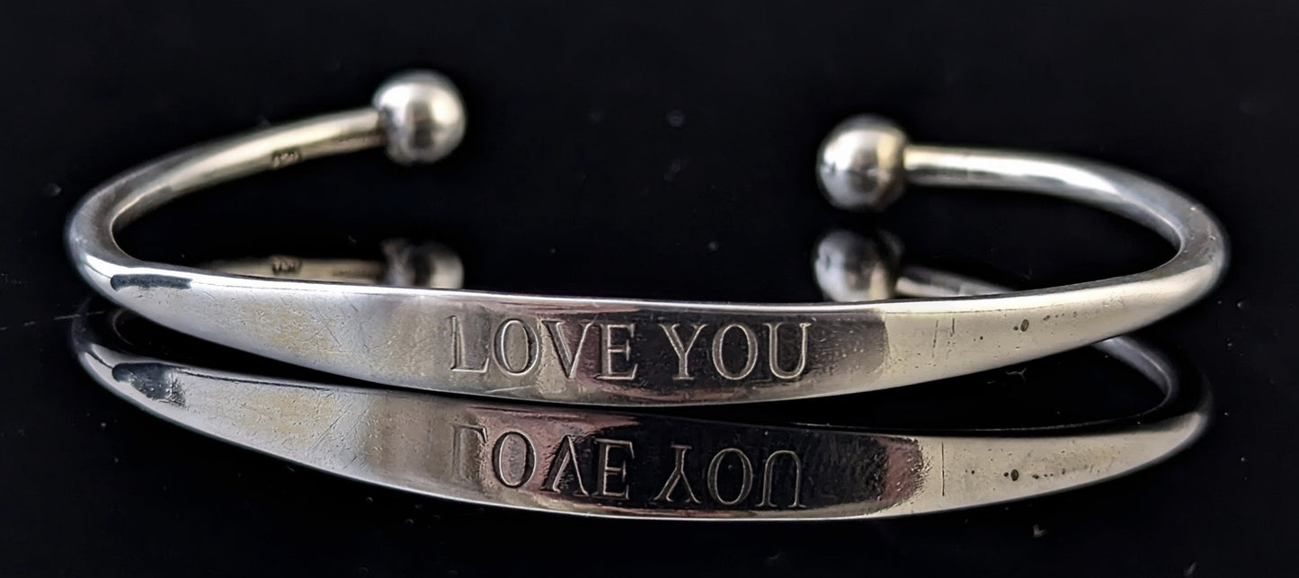 Vintage sterling silver torque bangle, I Love You