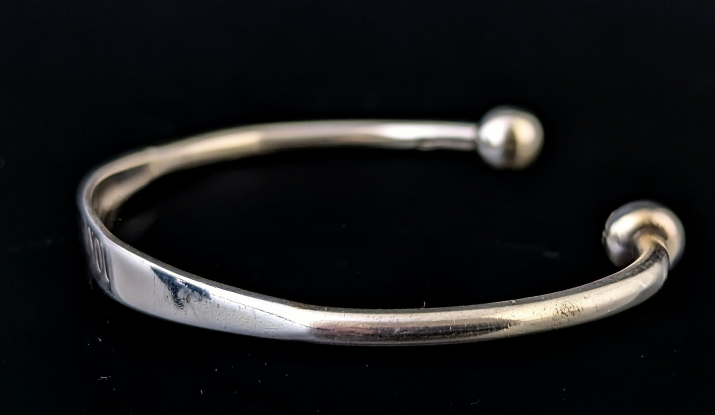 Vintage sterling silver torque bangle, I Love You