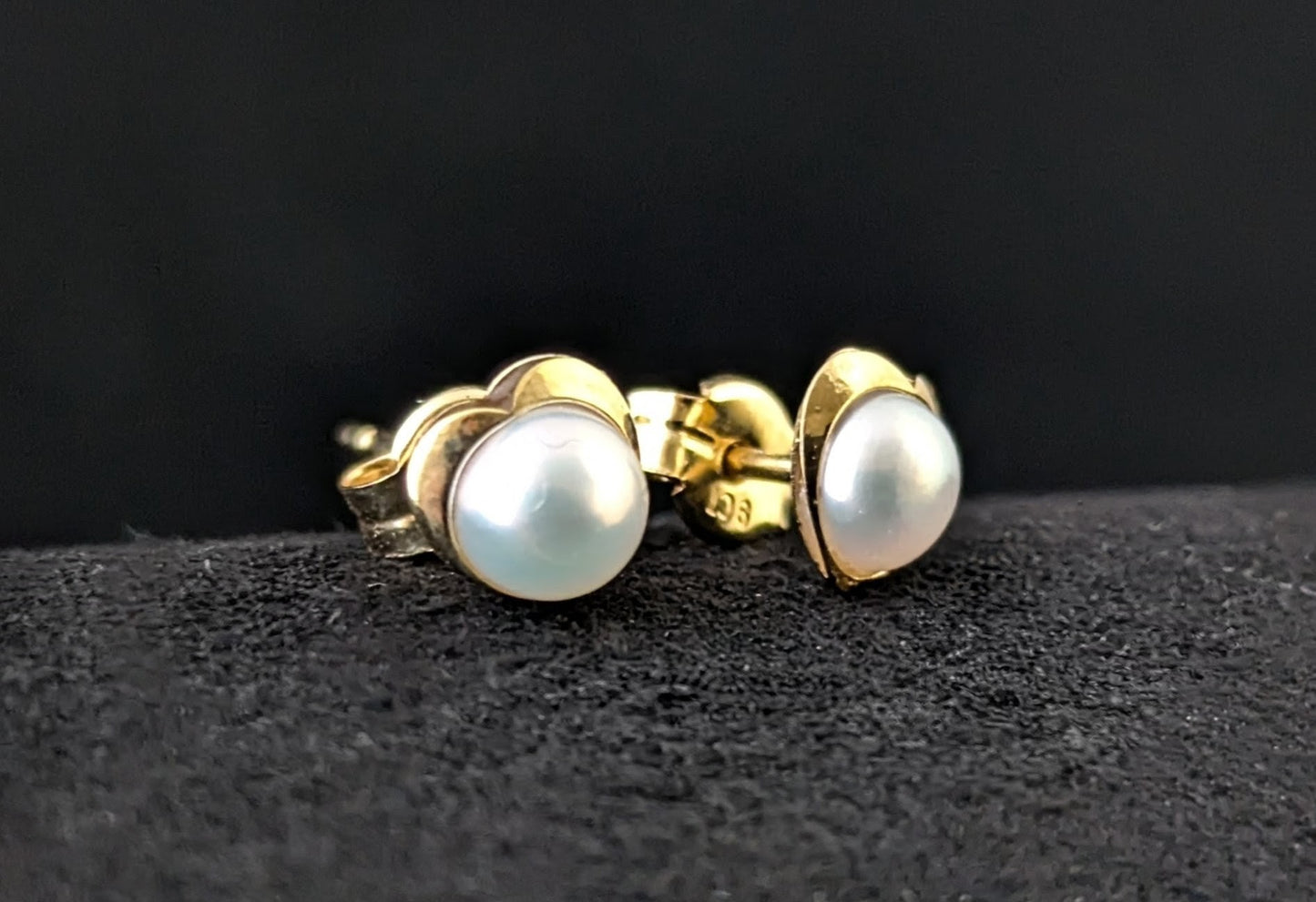 Vintage Pearl love heart stud earrings, 9ct gold