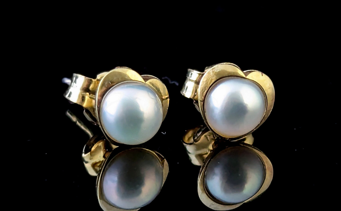 Vintage Pearl love heart stud earrings, 9ct gold