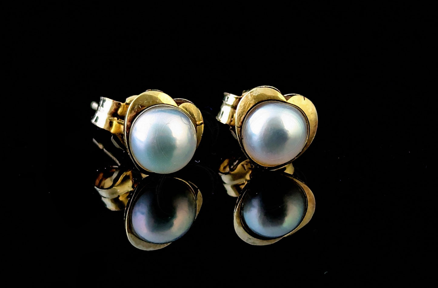 Vintage Pearl love heart stud earrings, 9ct gold