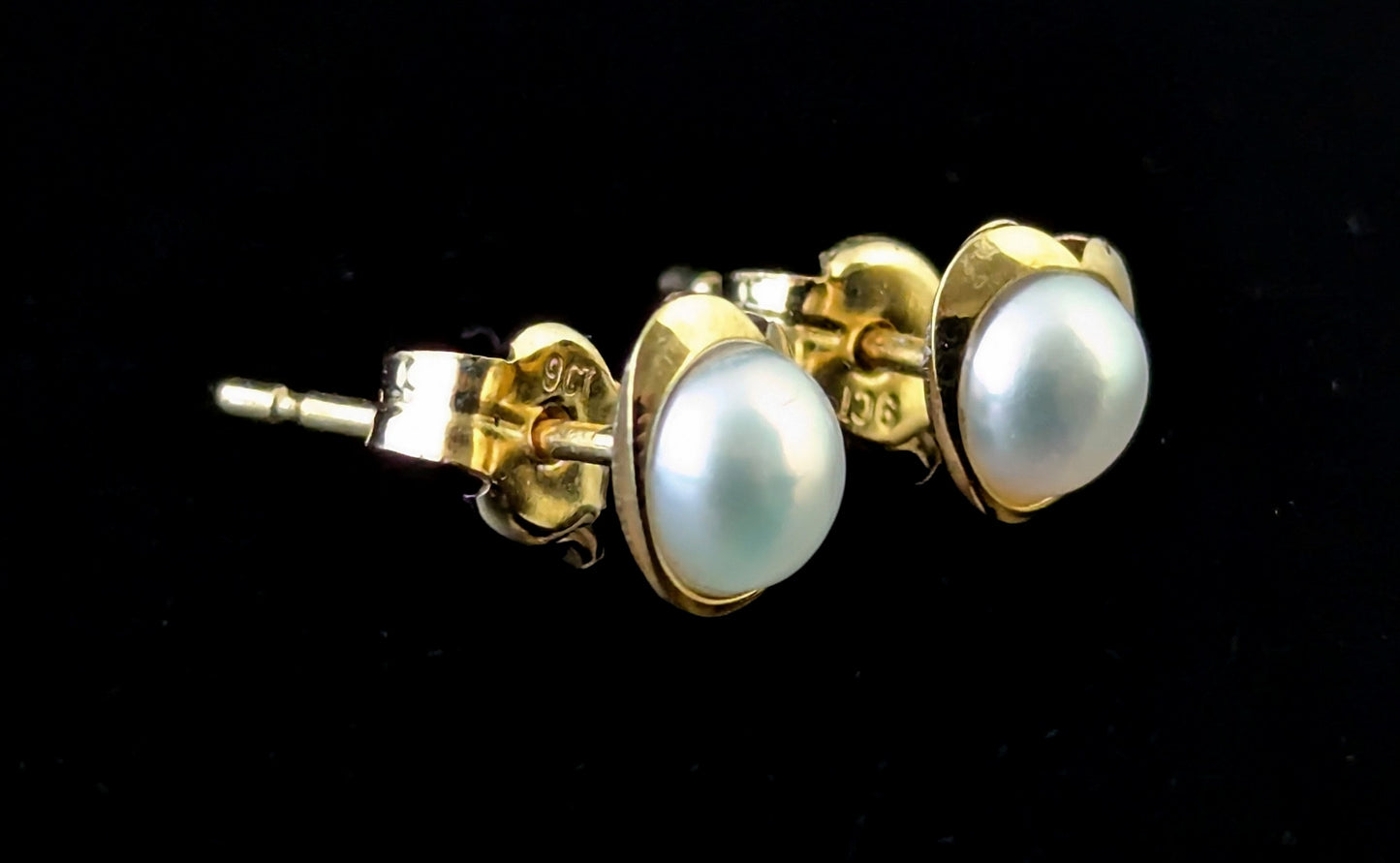 Vintage Pearl love heart stud earrings, 9ct gold