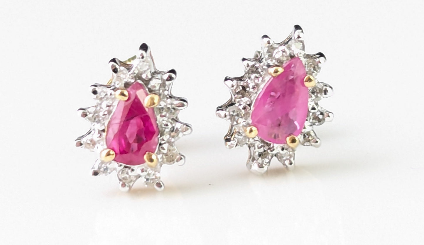 Vintage Ruby and Diamond cluster earrings, 9ct gold