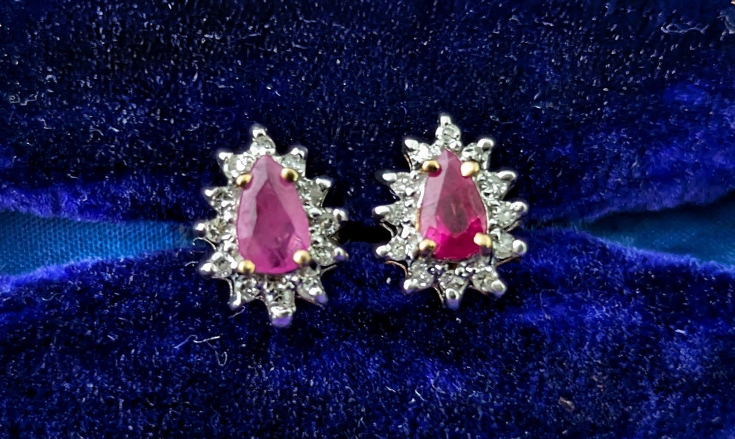 Vintage Ruby and Diamond cluster earrings, 9ct gold