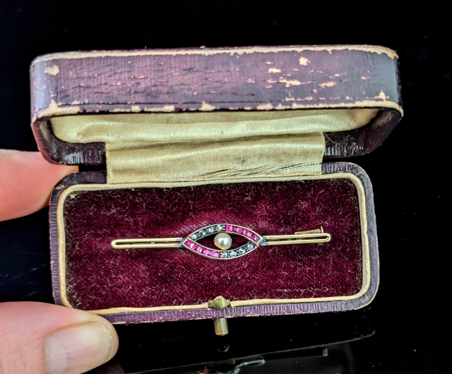 Antique Ruby and Diamond eye brooch, Boxed, 9ct gold