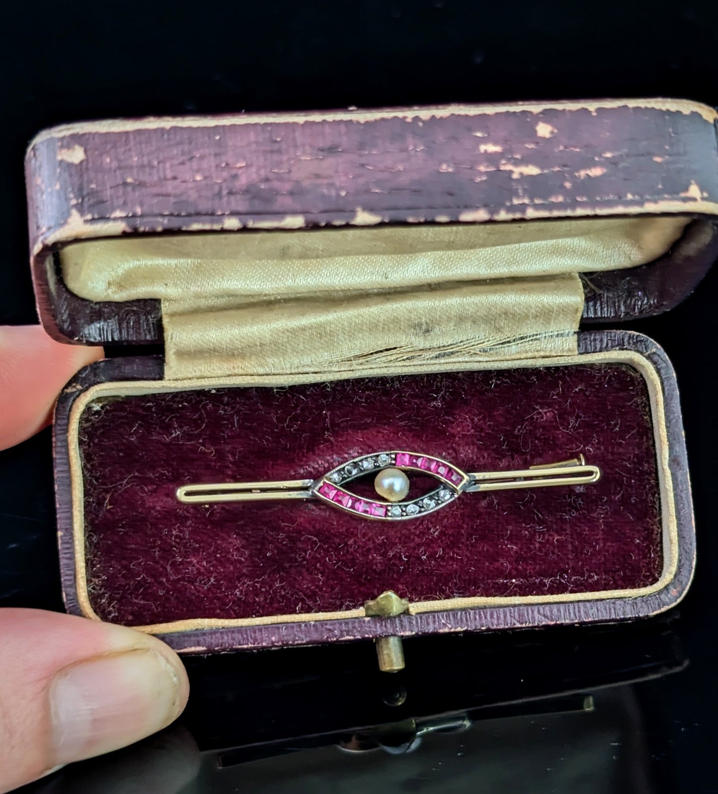Antique Ruby and Diamond eye brooch, Boxed, 9ct gold