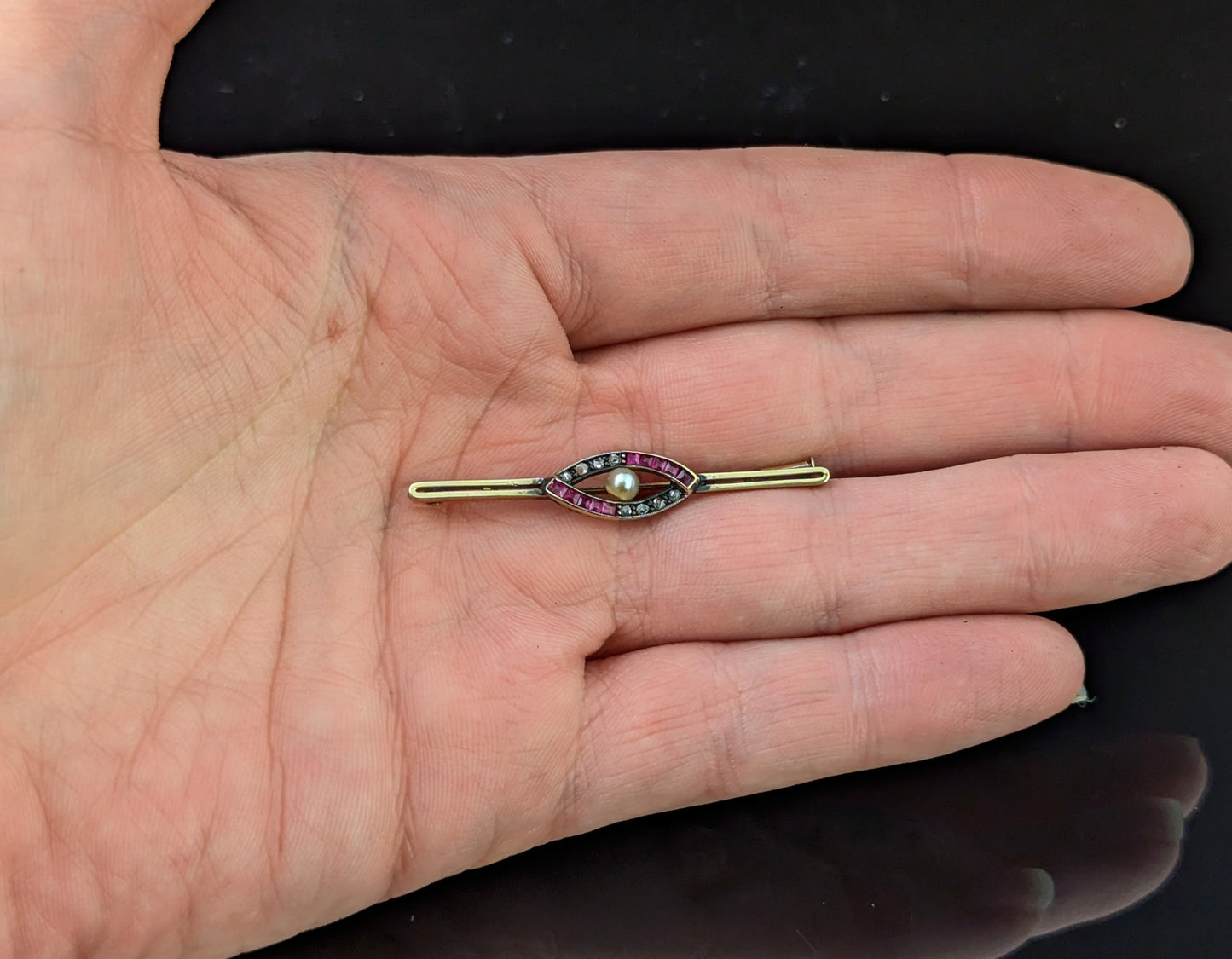 Antique Ruby and Diamond eye brooch, Boxed, 9ct gold