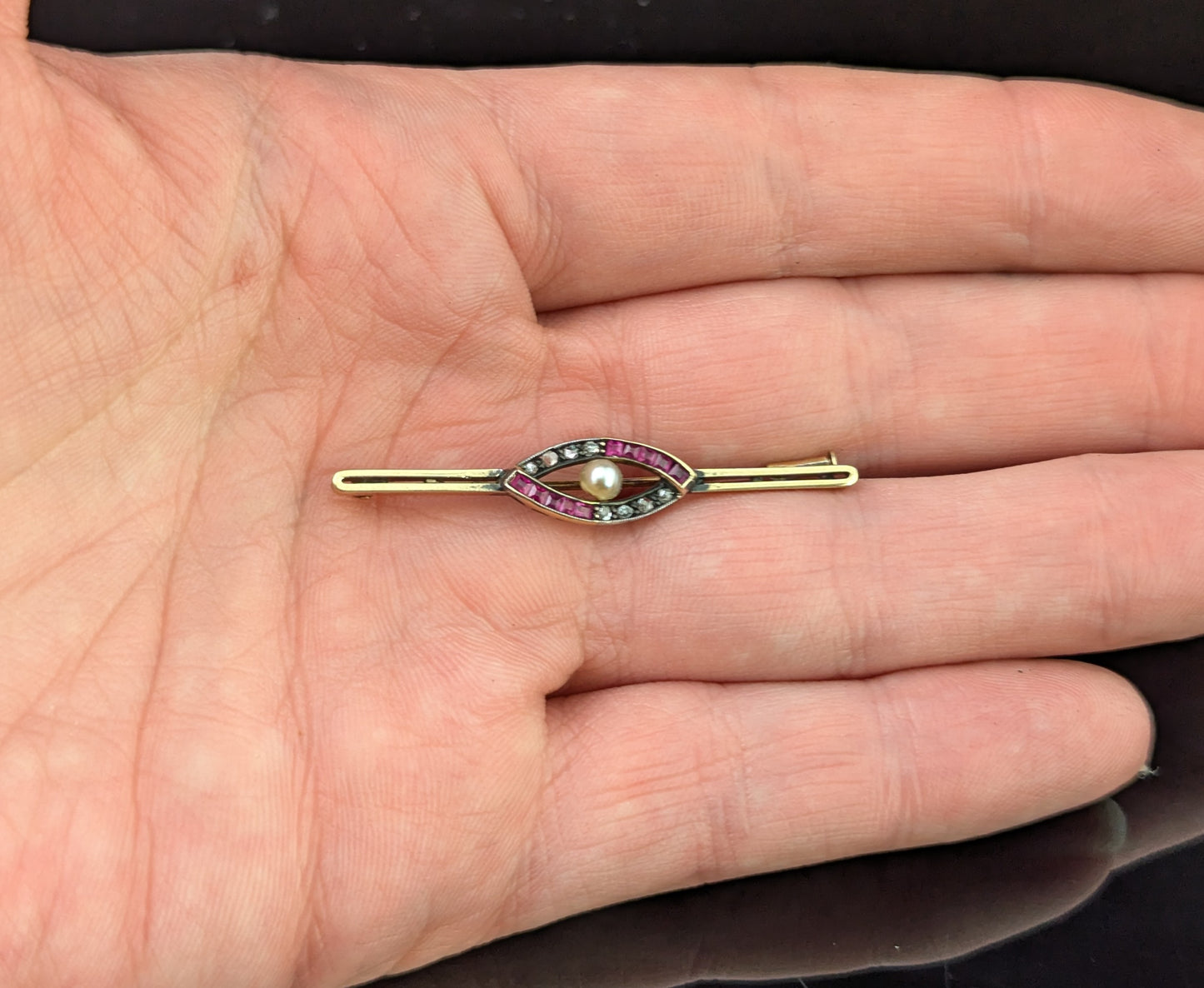 Antique Ruby and Diamond eye brooch, Boxed, 9ct gold