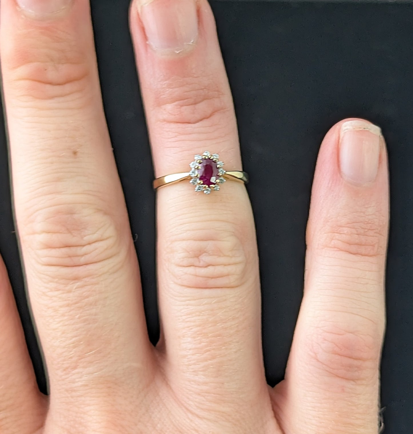 Vintage Ruby and Diamond cluster ring, 9ct gold, Glass filled