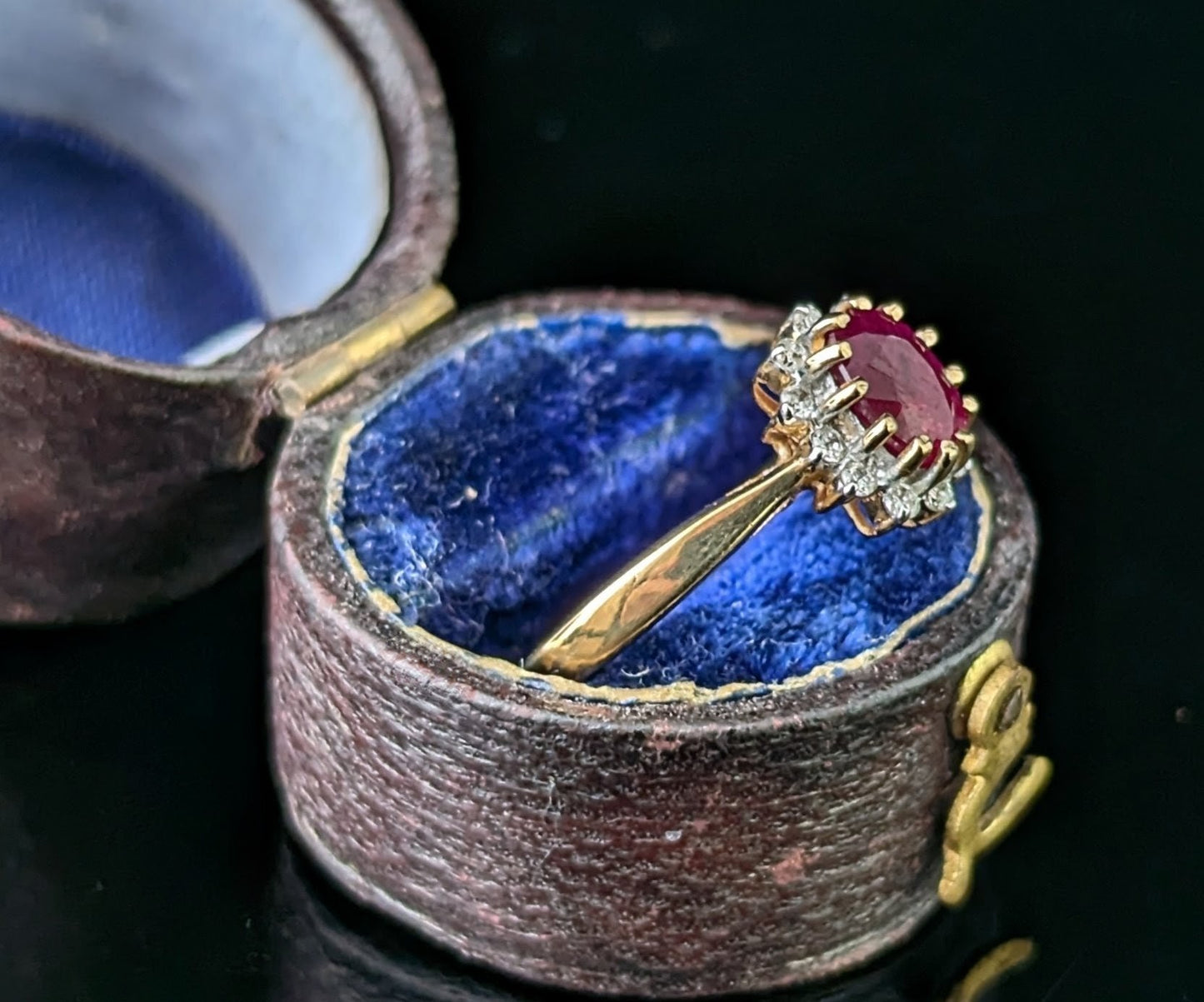 Vintage Ruby and Diamond cluster ring, 9ct gold, Glass filled