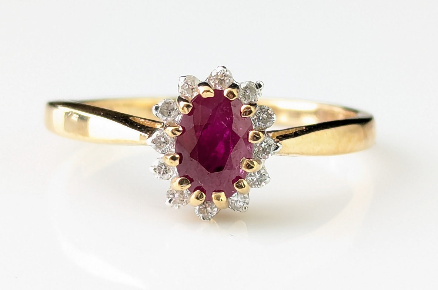 Vintage Ruby and Diamond cluster ring, 9ct gold, Glass filled