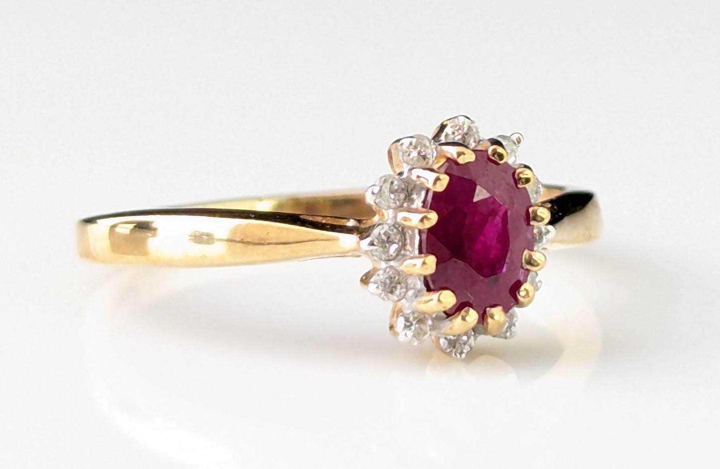 Vintage Ruby and Diamond cluster ring, 9ct gold, Glass filled