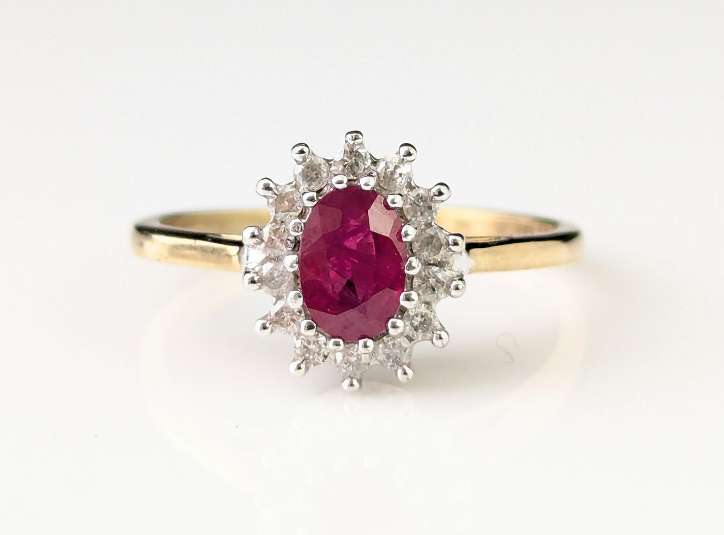 Vintage Ruby and Diamond cluster ring, 9ct gold, Glass filled Ruby