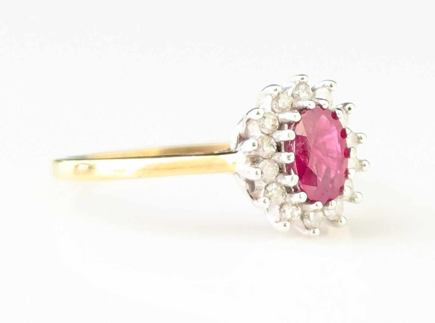 Vintage Ruby and Diamond cluster ring, 9ct gold, Glass filled Ruby