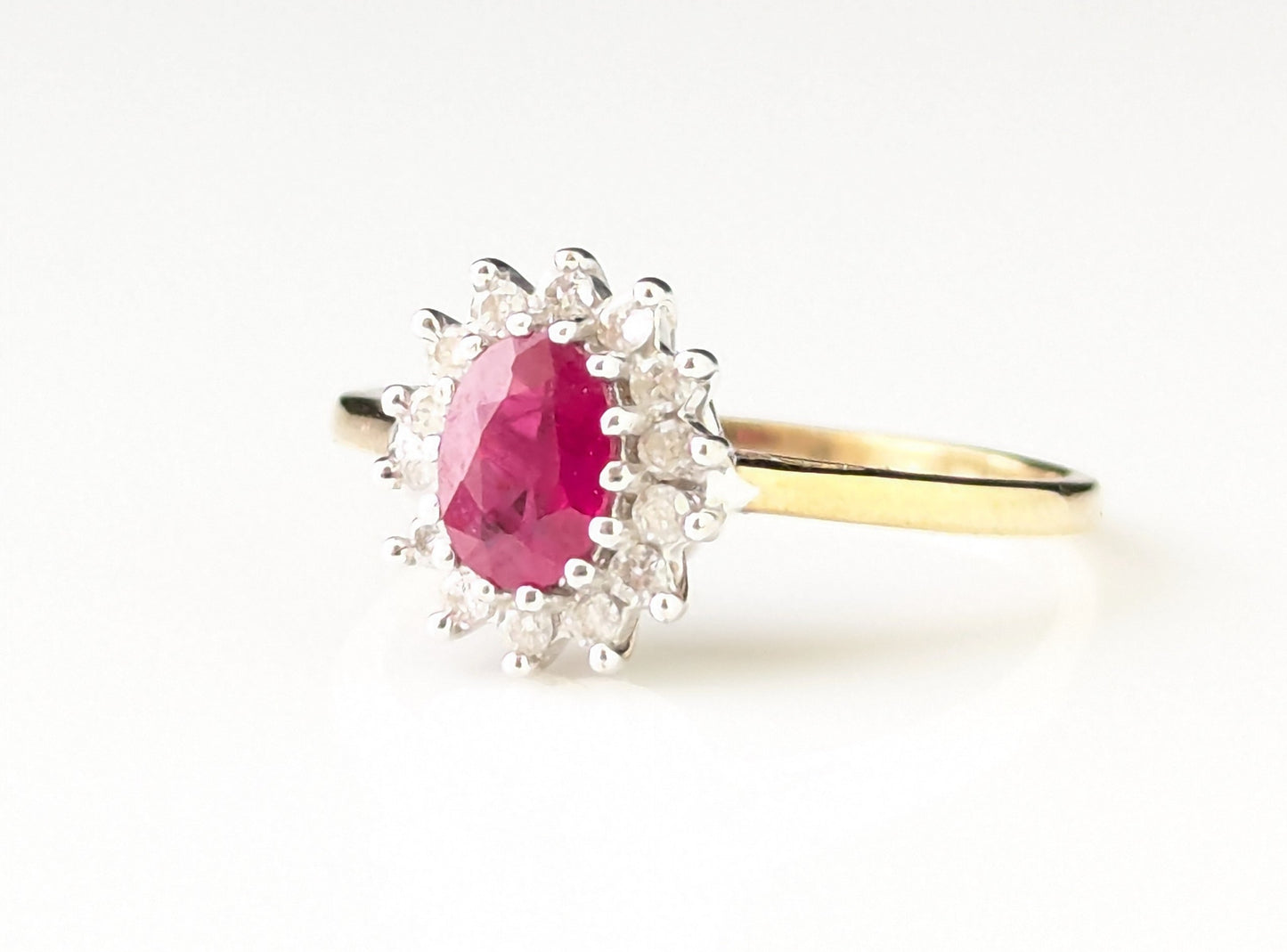 Vintage Ruby and Diamond cluster ring, 9ct gold, Glass filled Ruby