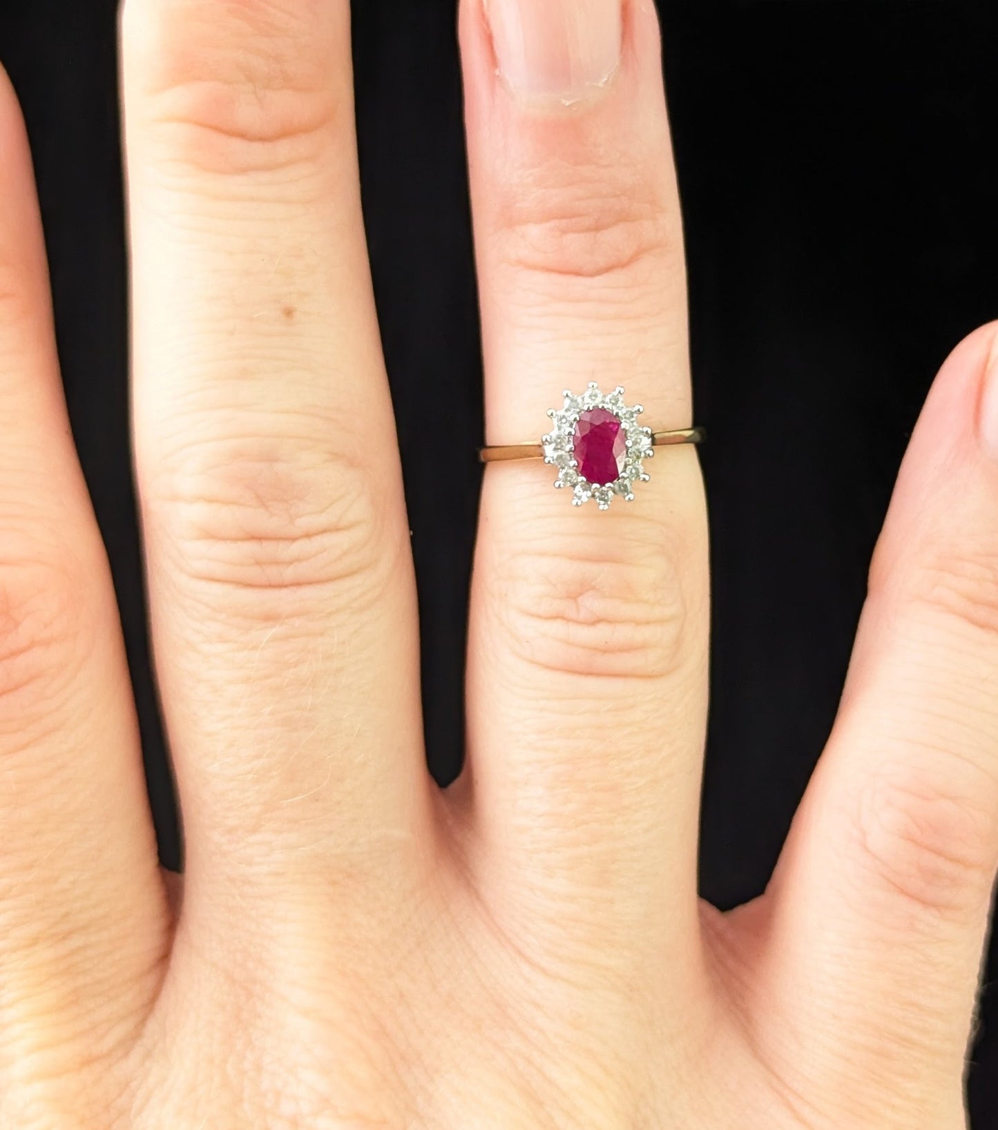 Vintage Ruby and Diamond cluster ring, 9ct gold, Glass filled Ruby