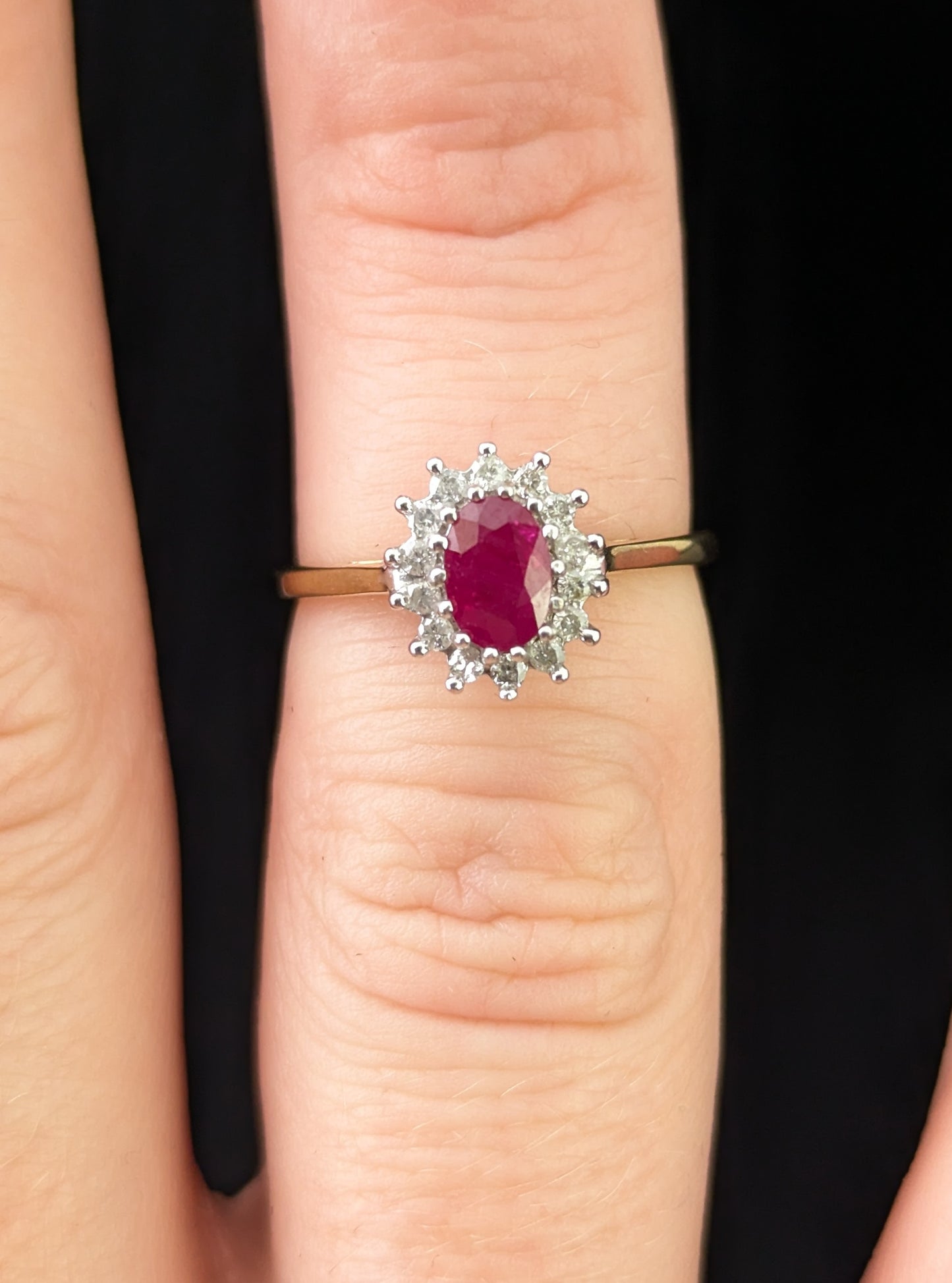 Vintage Ruby and Diamond cluster ring, 9ct gold, Glass filled Ruby