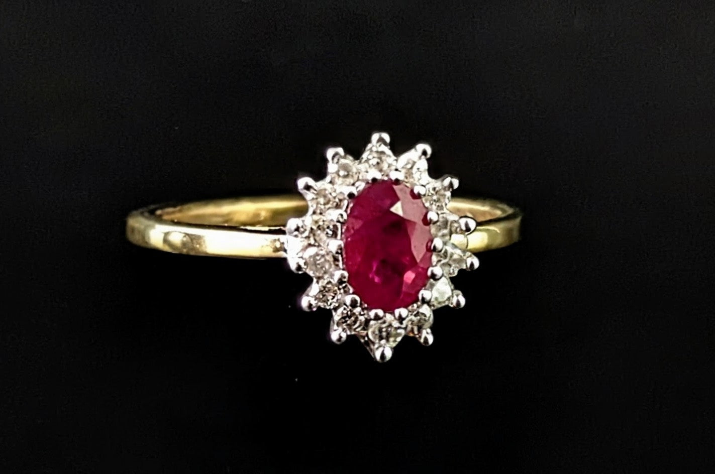 Vintage Ruby and Diamond cluster ring, 9ct gold, Glass filled Ruby