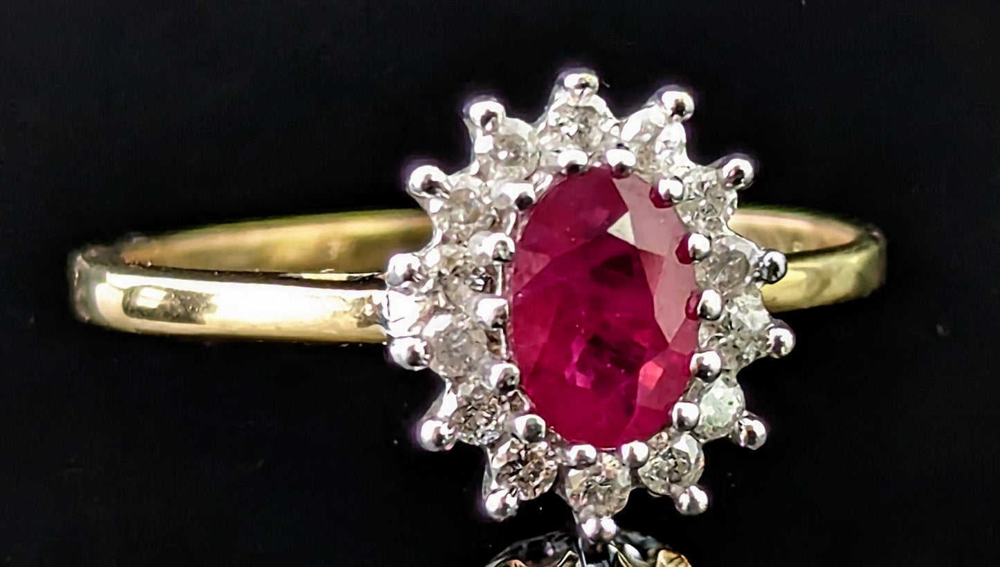 Vintage Ruby and Diamond cluster ring, 9ct gold, Glass filled Ruby