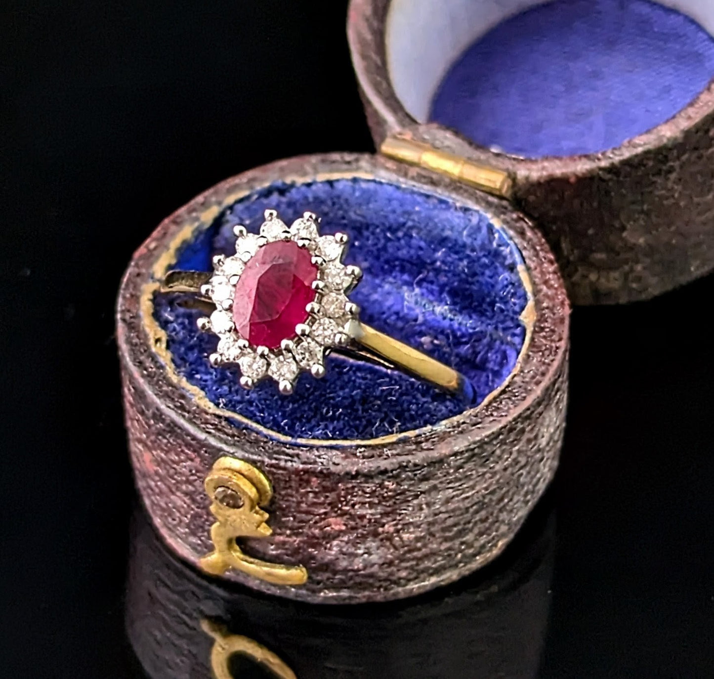 Vintage Ruby and Diamond cluster ring, 9ct gold, Glass filled Ruby