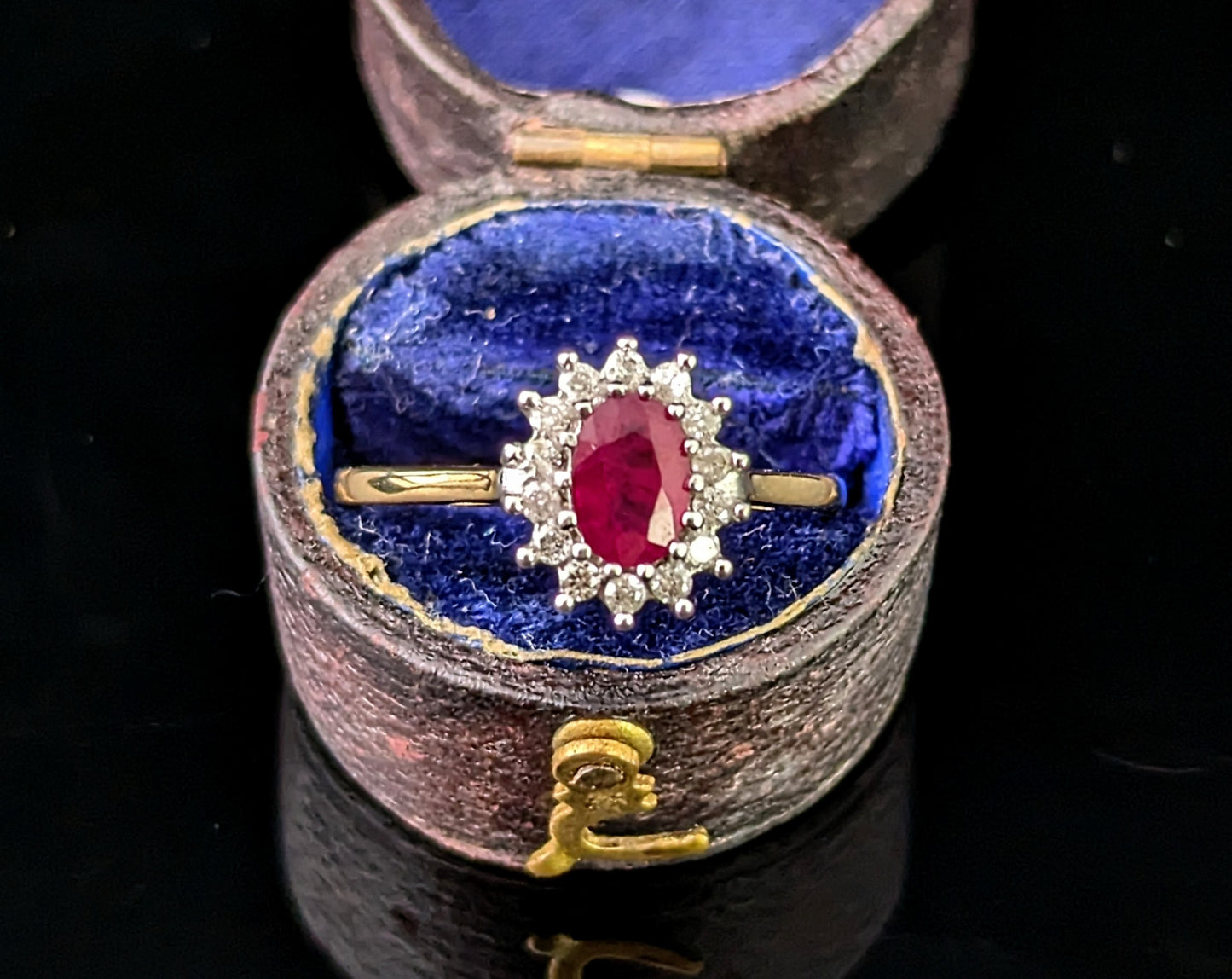 Vintage Ruby and Diamond cluster ring, 9ct gold, Glass filled Ruby
