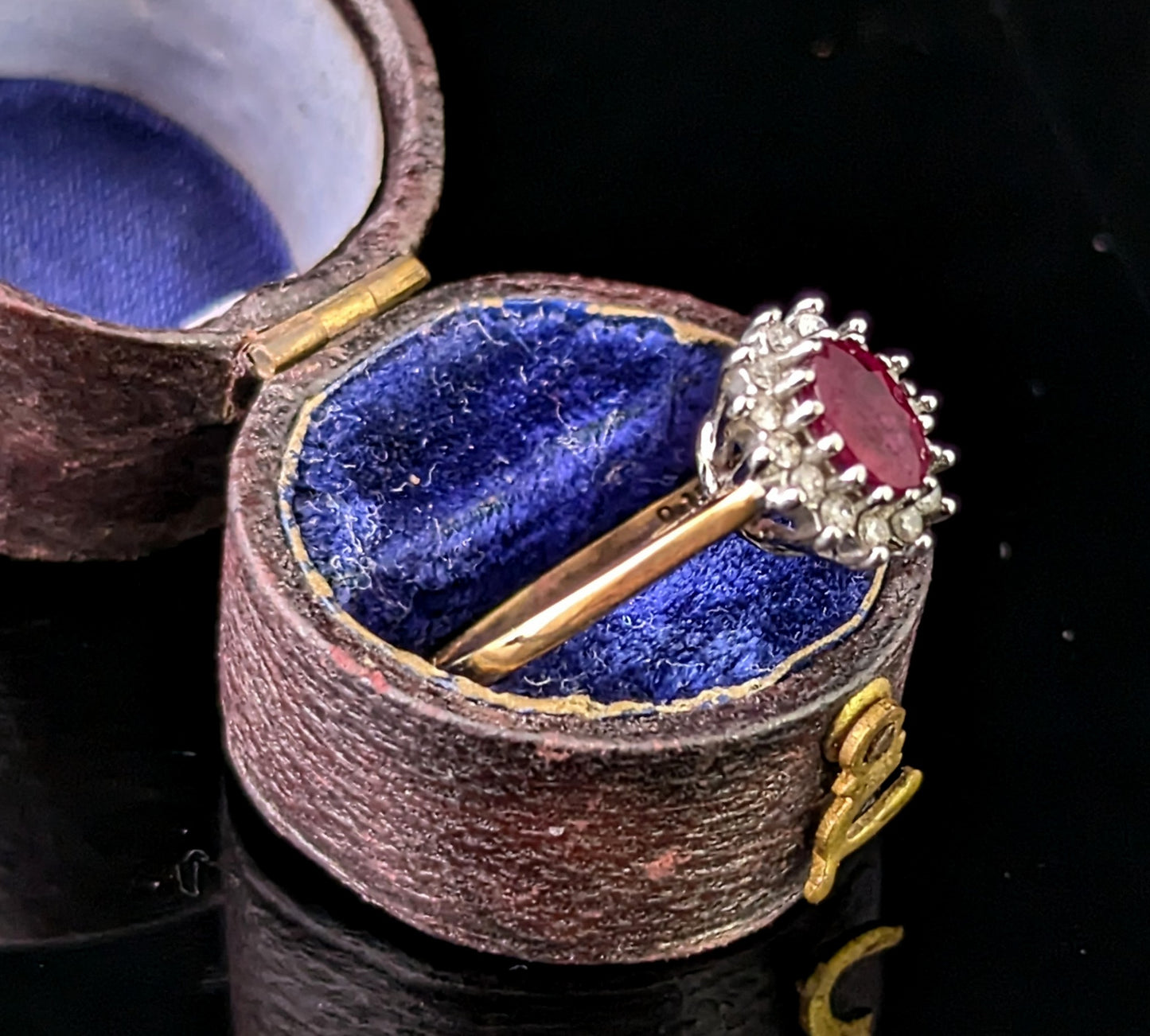 Vintage Ruby and Diamond cluster ring, 9ct gold, Glass filled Ruby