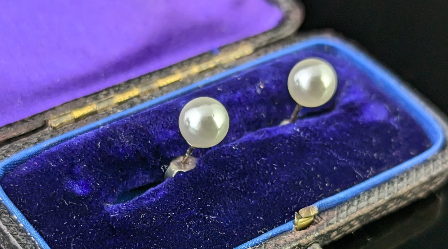 Vintage Art Deco cultured pearl stud earrings, Sterling silver