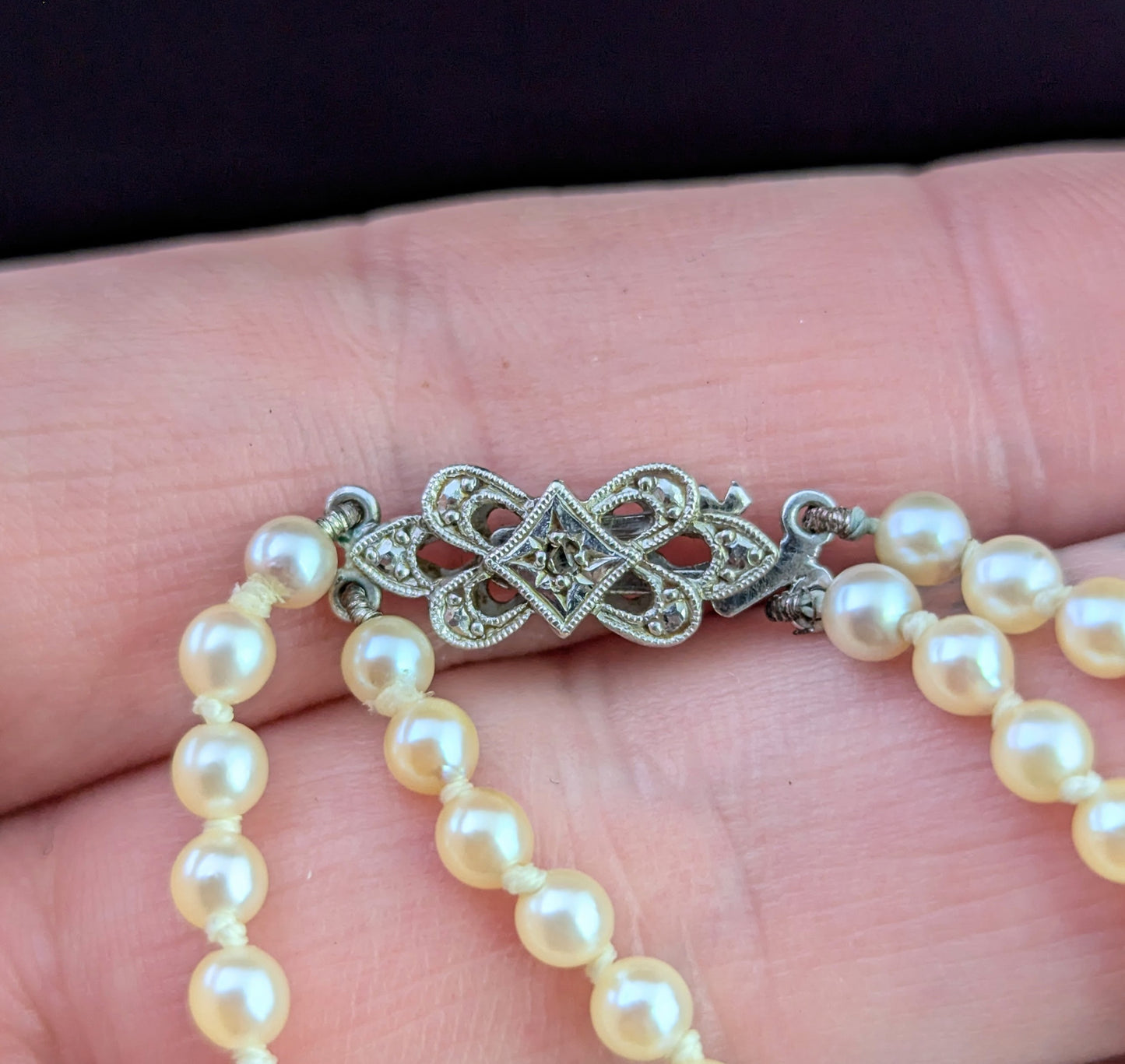 Vintage Double row cultured pearl necklace, Diamond clasp 9ct white gold, Art Deco