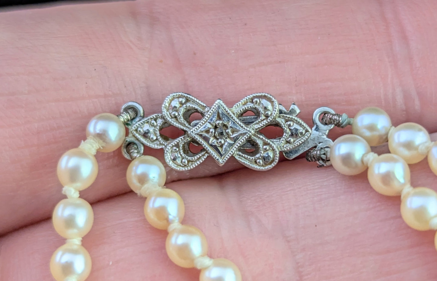 Vintage Double row cultured pearl necklace, Diamond clasp 9ct white gold, Art Deco
