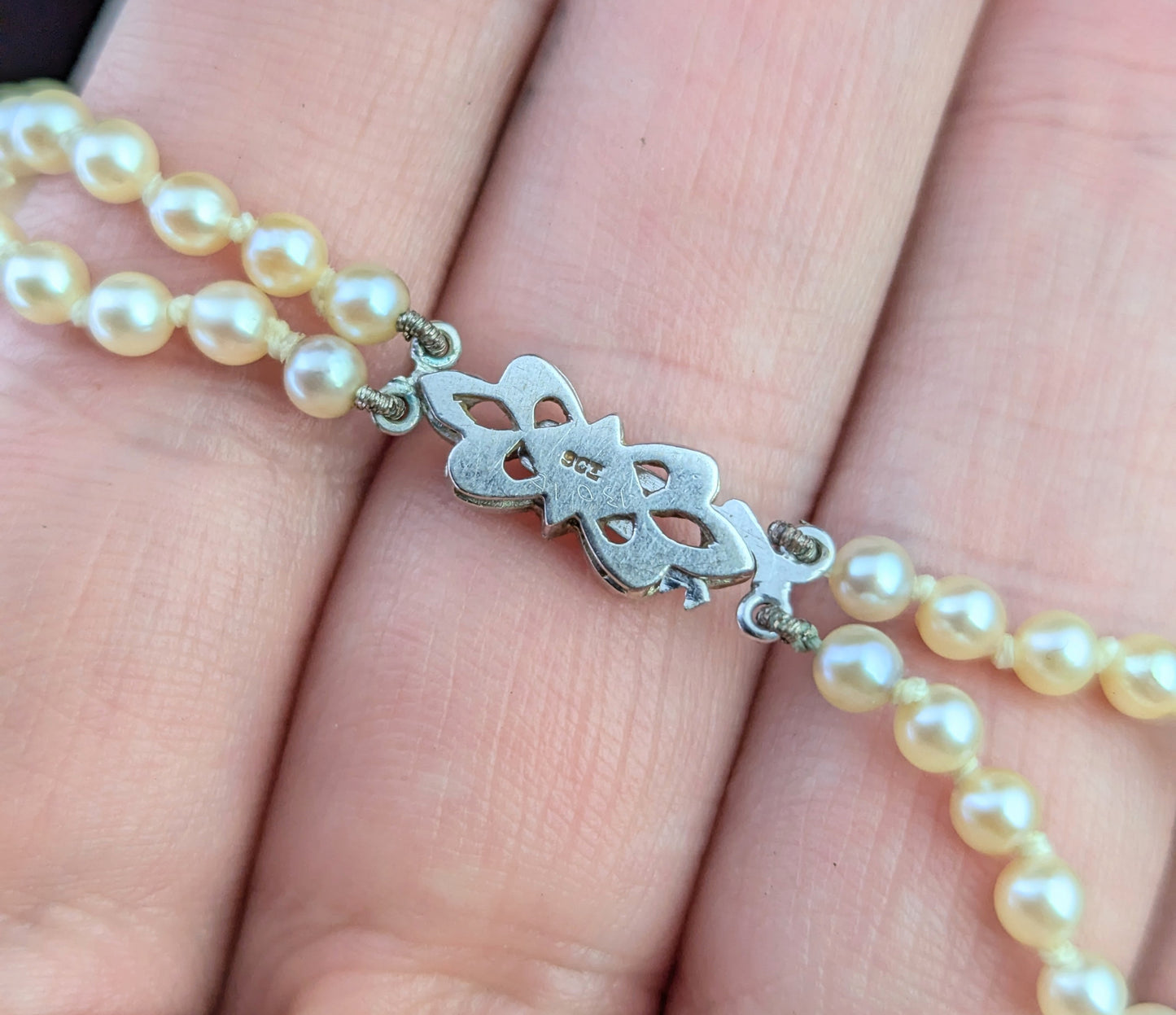 Vintage Double row cultured pearl necklace, Diamond clasp 9ct white gold, Art Deco