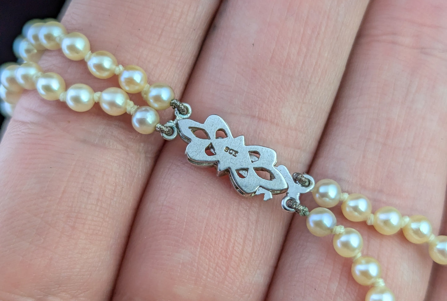 Vintage Double row cultured pearl necklace, Diamond clasp 9ct white gold, Art Deco